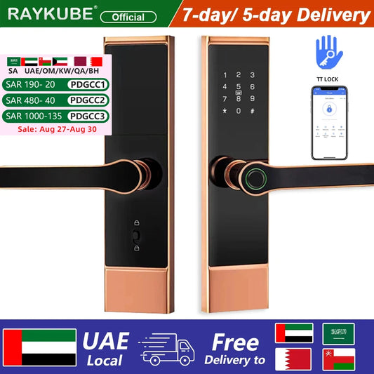 قفل باب رقمي مع بصمة الأصبع RAYKUBE P10 TT - قفل إلكتروني مع كلمة مرور/فتح عبر التطبيق، شحن مجاني من الإمارات إلى السعودية/الإمارات/البحرين/عمان