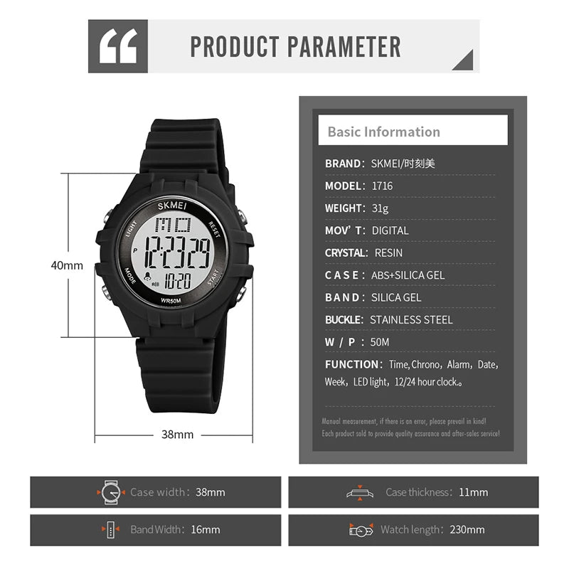 ساعة رقمية للأطفال من SKMEI مع حزام PU ناعم، مقاومة للصدمات ومائية، ساعة إلكترونية للأولاد والبنات 1716