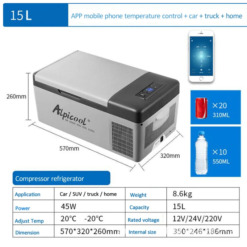 ثلاجة سيارة محمولة بسعة 15-40 لتر، مزدوجة الاستخدام 12V/24V، فريزر صغير للتبريد المنزلي