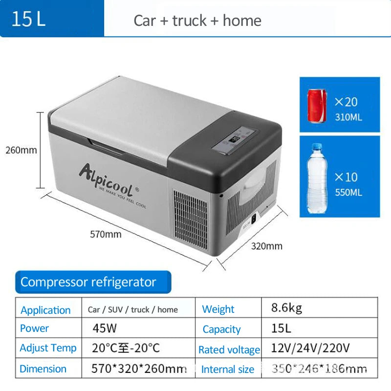 ثلاجة سيارة محمولة بسعة 15-40 لتر، مزدوجة الاستخدام 12V/24V، فريزر صغير للتبريد المنزلي