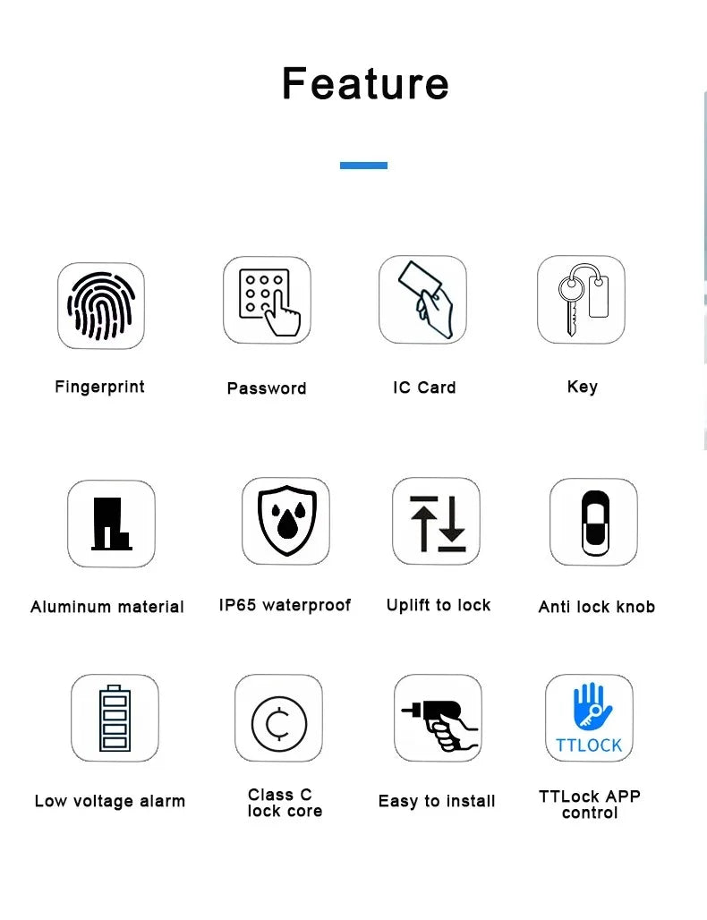 قفل ذكي منزلق مقاوم للماء مع بصمة الأصبع وكلمة مرور من TTLock للباب الزجاجي المصنوع من الألمنيوم