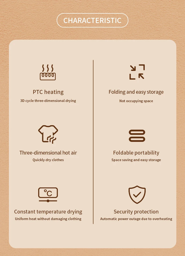 مجفف ملابس كهربائي قابل للطي محمول مع آلة تدفئة مزدوجة الاستخدام