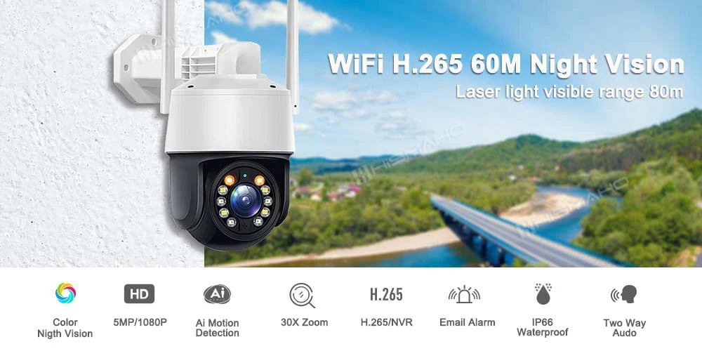 كاميرا مراقبة واي فاي 5G خارجية بدقة 5 ميجابكسل مع حماية أمنية ونظام CCTV فيديو بدقة 1080P وزوم بصري 30x مع تتبع تلقائي عبر تطبيق كامهي