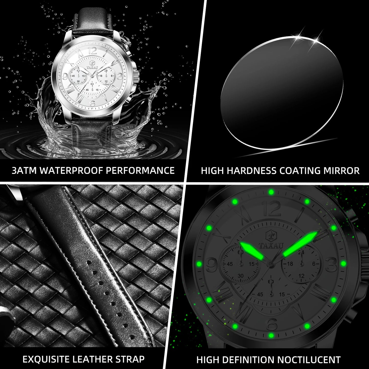 ساعة TAXAU الفاخرة للرجال، بحزام جلد أصلي، ساعة متعددة الوظائف عصرية عالية الجودة للمعصم