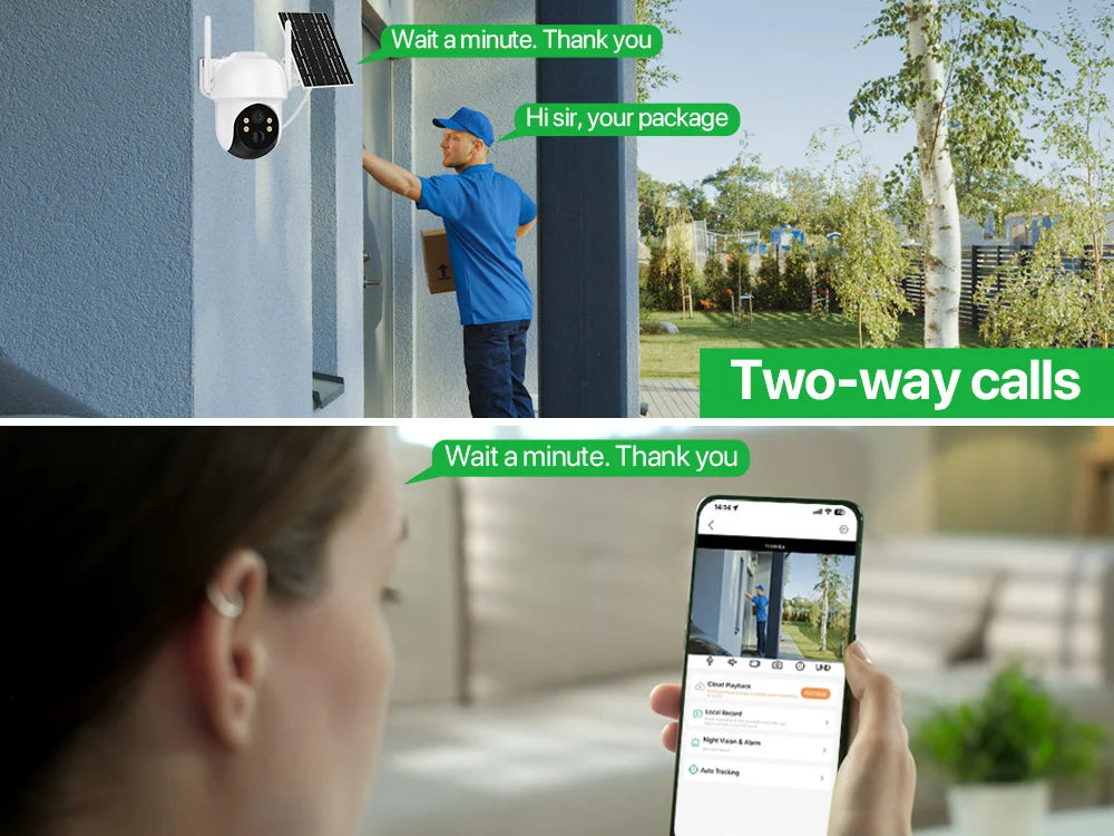 كاميرا شمسية PTZ خارجية بدقة 4MP مع كشف حركة الإنسان عبر WiFi، مقاومة للماء IP66 وبطارية مدمجة سعة 7800mAh