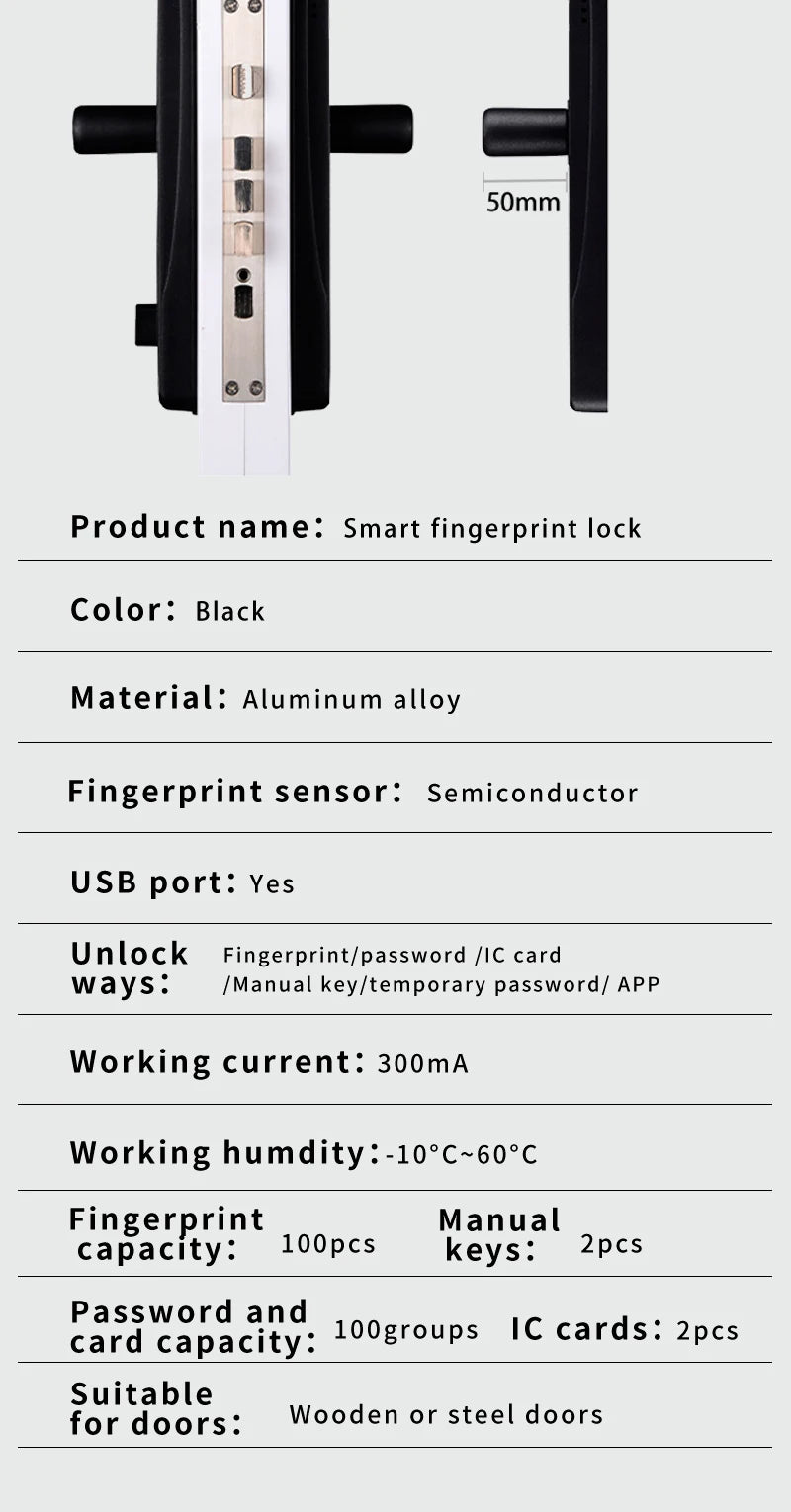 قفل ذكي لاسلكي من تويا مع بصمة إصبع وكلمة مرور وفتح بواسطة بطاقة IC دعم شحن USB الطارئ مع إمكانية ضبط اتجاه المقبض