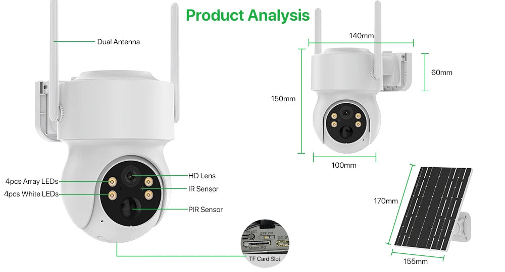 كاميرا شمسية PTZ خارجية بدقة 4MP مع كشف حركة الإنسان عبر WiFi، مقاومة للماء IP66 وبطارية مدمجة سعة 7800mAh