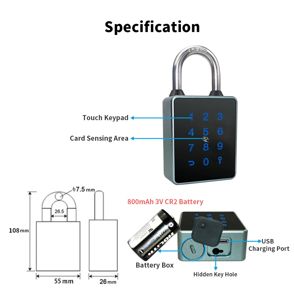 قفل ذكي محمول ببلوتوث وقفل رقمي مقاوم للماء مع بطاقة RFID 13.56khz و6 طرق للفتح