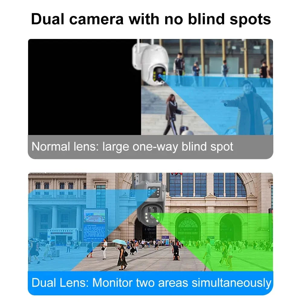 كاميرا أمان خارجية تعمل بالطاقة الشمسية بدقة 4K و8MP مع عدستين وشاشة مزدوجة، كشف حركة PIR، تصوير PTZ، وبطارية مدمجة 10800mAh