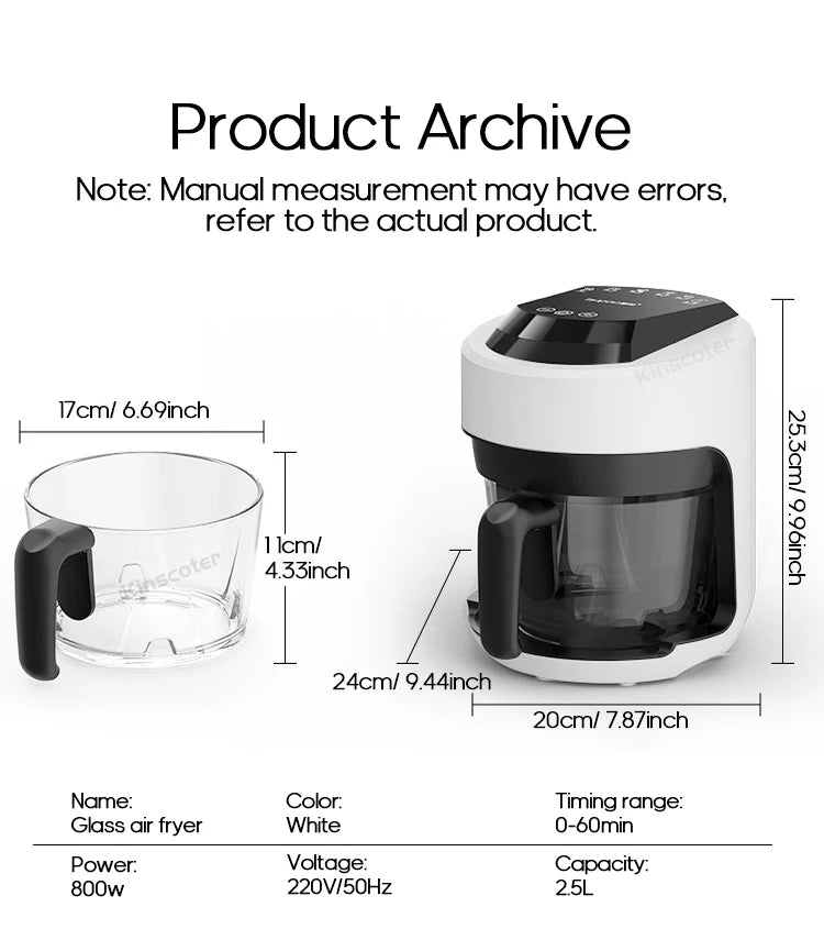قلاية هوائية كهربائية سعة 2.5 لتر، فرن مقلي بدون زيت مع تحكم باللمس وسلة غير لاصقة ونافذة رؤية، حجم عائلي