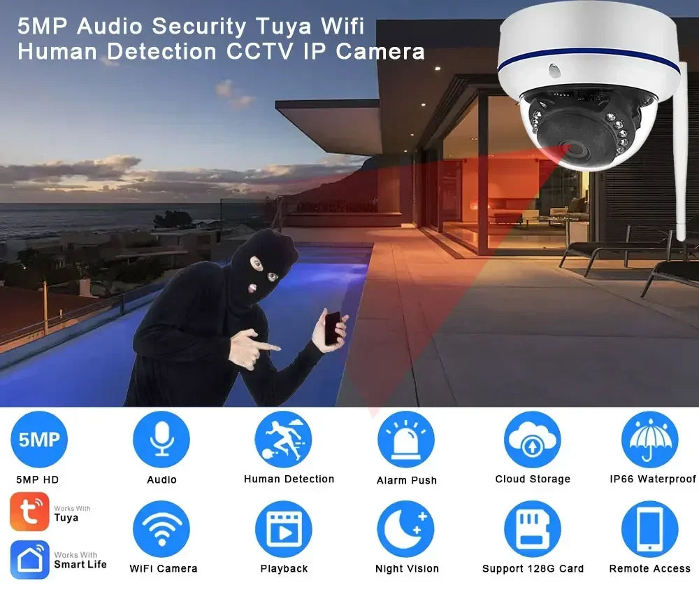 كاميرا واي فاي ذكية بدقة 5 ميجابكسل مع حماية ضد التخريب، كاميرا دائرية CCTV، تدعم بطاقة TF، تصوير فيديو أمان مع ميكروفون مدمج