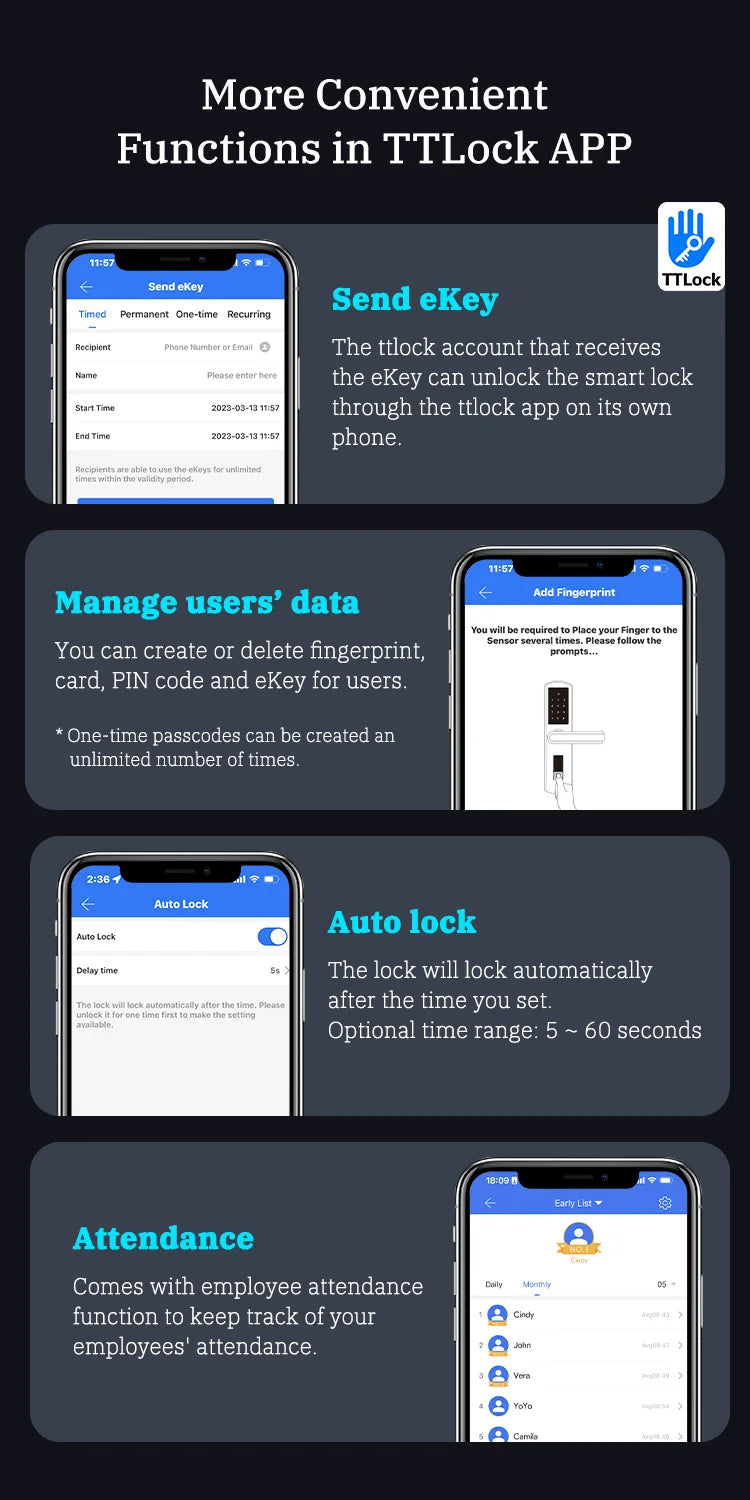 قفل باب ذكي بصمة إصبع بتقنية البلوتوث مع تطبيق TTLock وبطاقة مفتاح ورقم سري للأمان وقفل إلكتروني رقمي للمنزل