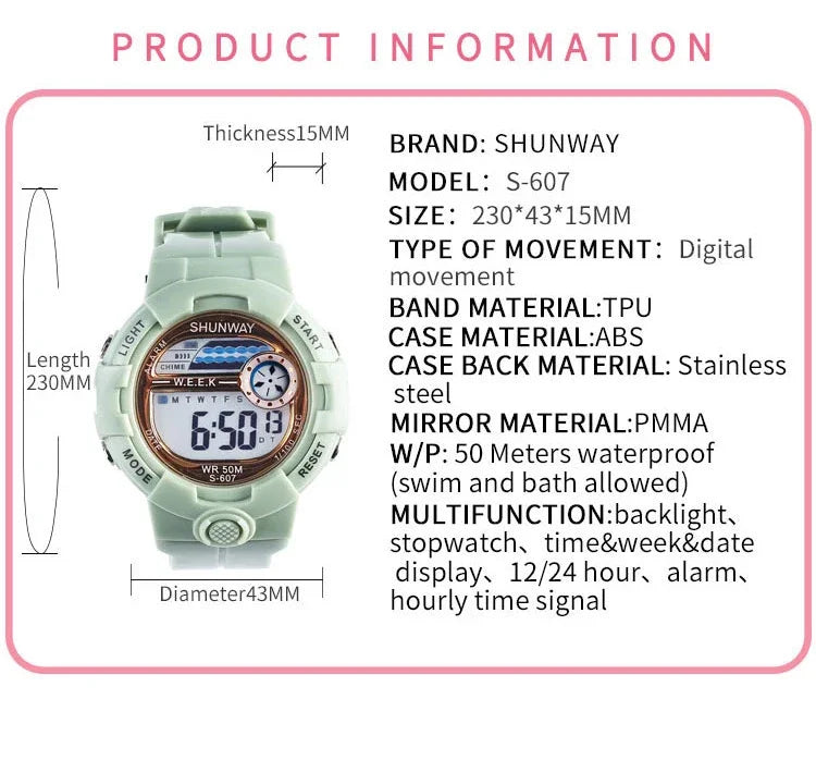 ساعة رياضية للأطفال بتصميم عصري مقاومة للماء 50م مع إضاءة LED ومقاومة للصدمات للبنات والأولاد والمراهقين