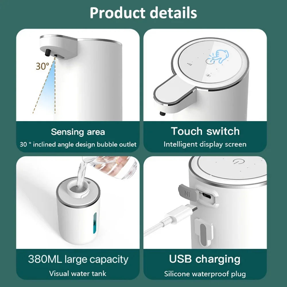 موزع صابون رغوي أوتوماتيكي سعة 380 مل مع شحن USB - جهاز غسل يدين ذكي 4 مستويات قابلة للتعديل