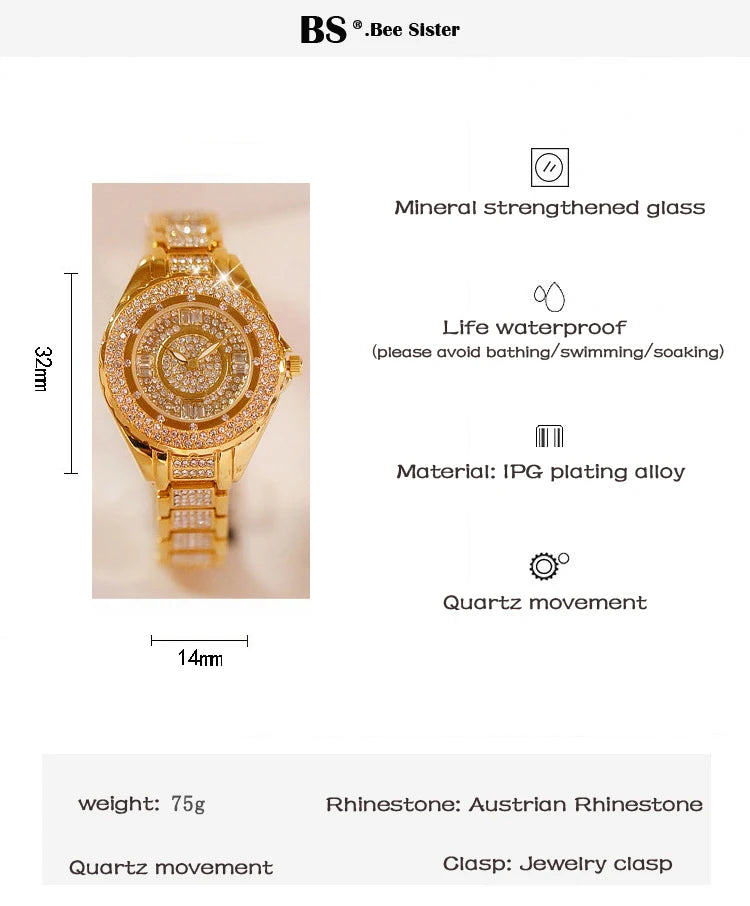 ساعة نسائية فاخرة من بي سي بيستار، ساعة معصم ذهبية مزينة بالأحجار الكريمة، مصنوعة من الفولاذ المقاوم للصدأ مع حزام فضي وألماس
