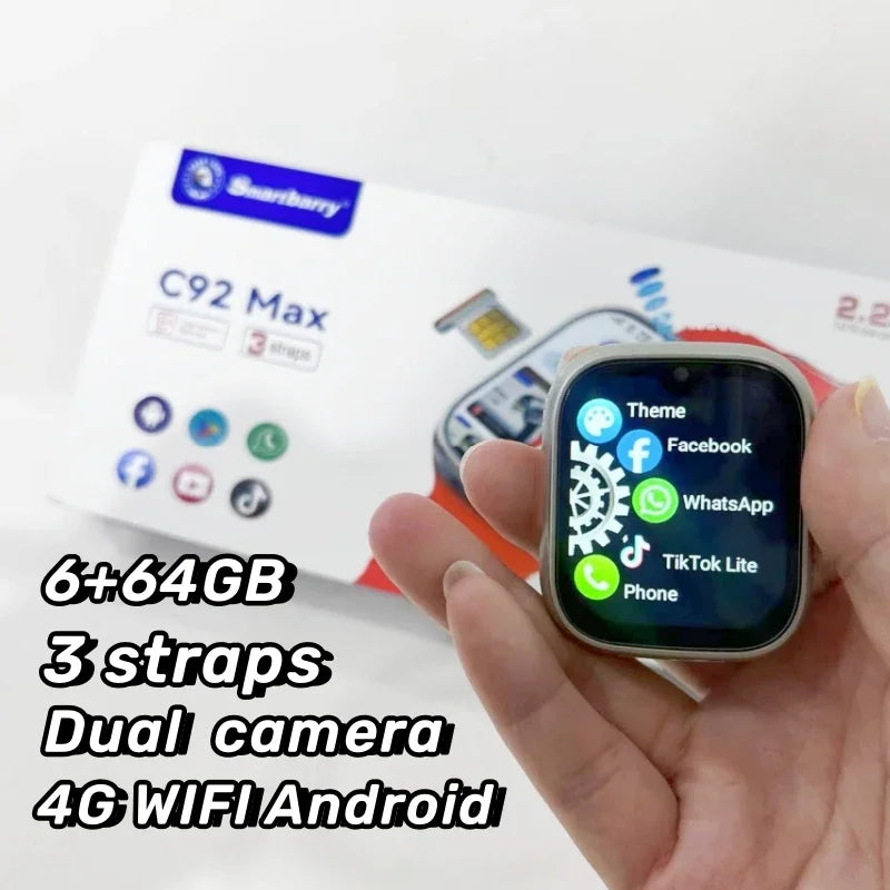 ساعة ذكية C92 MAX 4G 2024 بحجم 6+64GB، نظام أندرويد 8.1، مع شريحة SIM، واي فاي، ونظام GPS، ساعة فائقة للرجال