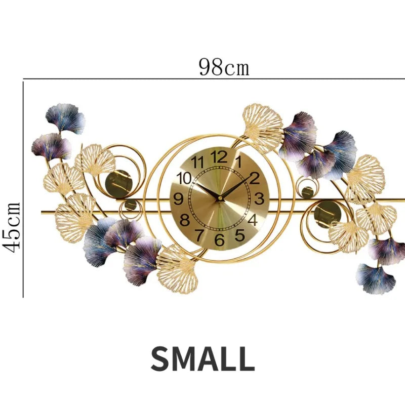 ساعة جدارية فاخرة بتصميم ورقة الجنكو المعدنية لغرفة المعيشة، ساعة ضوء إبداعية مزينة، ساعات كواتز صامتة للديكور المنزلي