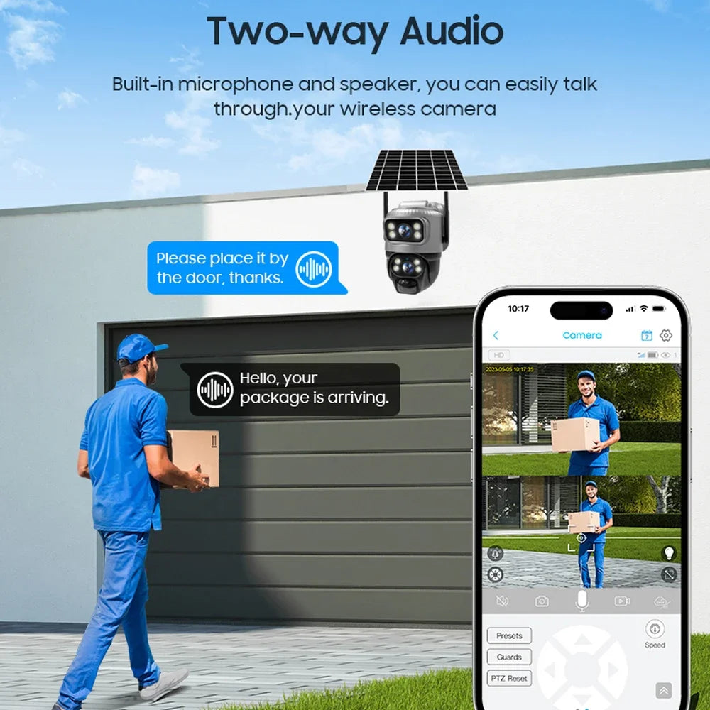 كاميرا شمسية مزدوجة العدسة V380 للحماية الذكية منزلية، مقاومة للماء، رؤية ليلية 4K، 8MP مع لوحة شمسية وبطارية، كاميرا IP