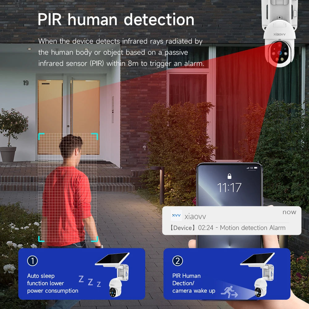 كاميرات مراقبة خارجية تعمل بالطاقة الشمسية WIFI بدقة 1080P مع تحريك PTZ ورؤية ليلية ملونة للأمان في المنزل الذكي