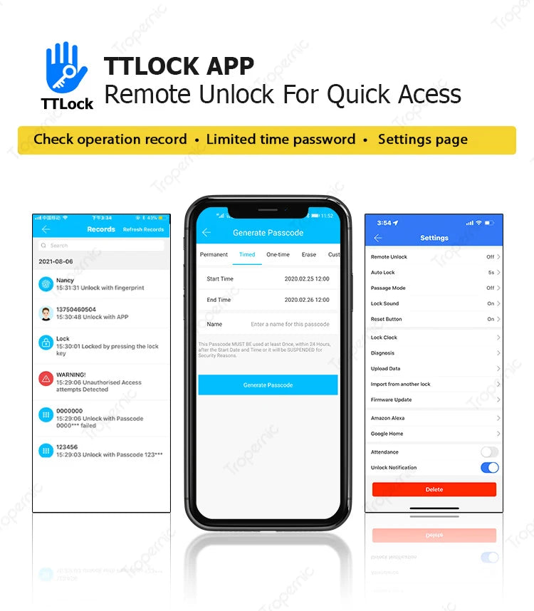 قفل أبواب ذكي مزدوج الجوانب يعمل بالبصمة مقاوم للماء من TTlock مصنوع من الفولاذ المقاوم للصدأ للباب الألمنيوم النحيف مع ميزات متقدمة