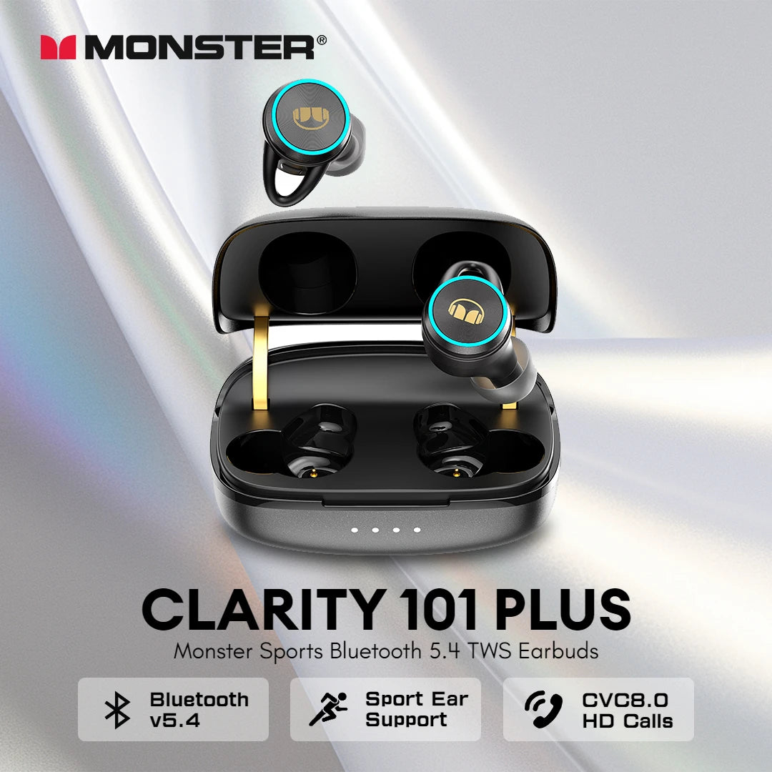 سماعات أذن لاسلكية Monster Clarity 101 Plus TWS مع مكالمات واضحة HD وتقنية Bluetooth 5.4 ومعدل مقاومة الماء IPX5 للرياضة مع ميكروفون