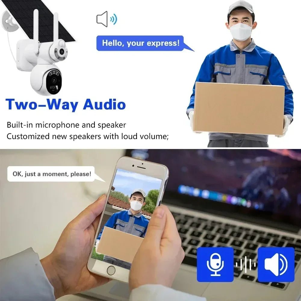 كاميرا واي فاي شمسية خارجية بدقة 4K HD مع بطارية مدمجة وعدستين 8MP كاميرا أمان PTZ مع لوحة شمسية للمراقبة بالفيديو اللاسلكي CCTV