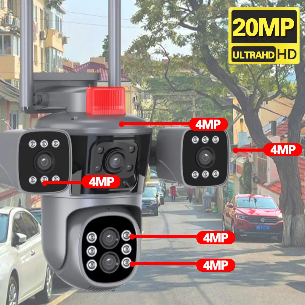 كاميرا أمان واي فاي PTZ بدقة 4K مع تتبع تلقائي وزوايا بانورامية متعددة، كاميرات مراقبة خارجية لاسلكية بدقة 20MP مع زوم 10X