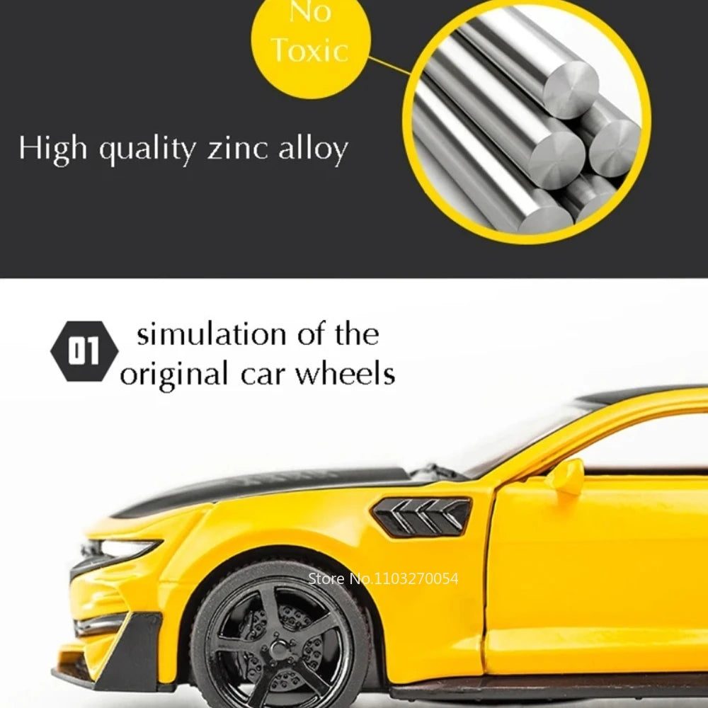 سيارة موديل كمارو مصغرة مقاس 1/32 مصنوعة من المعدن مع أبواب قابلة للفتح وصوت وضوء، سيارة سحب للأولاد هدية رائعة للتجميع