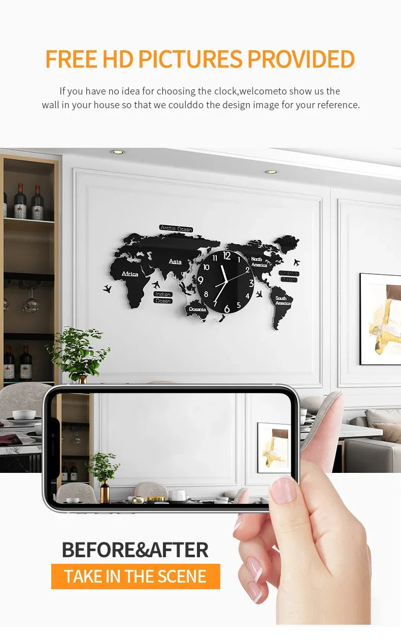 ساعة حائط أنتيك كبيرة بتصميم خريطة العالم مع ملصقات يمكن تصميمها بنفسك - ساعة كوارتز حديثة وصامتة لتزيين غرفة المعيشة
