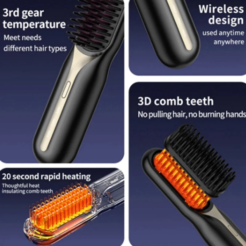مشط كهربائي لتسريح الشعر بخاصية التسخين السريع بدون سلك - فرشاة احترافية لتنعيم الشعر مع تكنولوجيا الأيونات السلبية