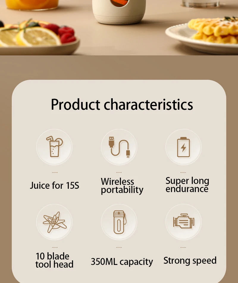 خلاط عصير كهربائي محمول صغير سعة 350 مل مع 10 شفرات، قابل للشحن عبر USB، صنع العصير بسهولة