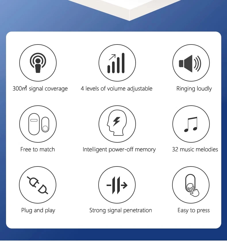 جرس باب لاسلكي قوي بأربعة مستويات للصوت مع 32 لحن موسيقي للترحيب في المنزل