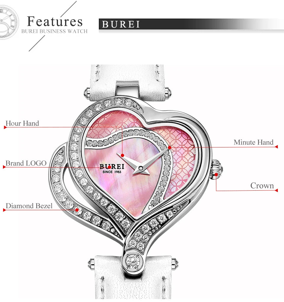 ساعة نسائية من بوري، تصميم قلب، مقاومة للماء، فاخرة، عصرية، مع سوار جلد، ساعة كوارتز للنساء 2022