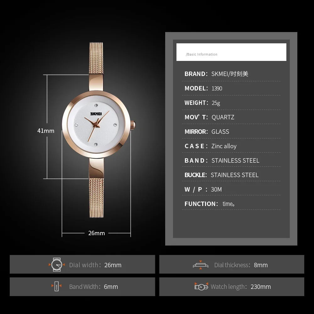 ساعة SKMEI الفاخرة الأنيقة للنساء - ساعة رياضية رقيقة مقاومة للماء مع سوار للبنات - ساعة معصم كوارتز للسيدات موديل 1390
