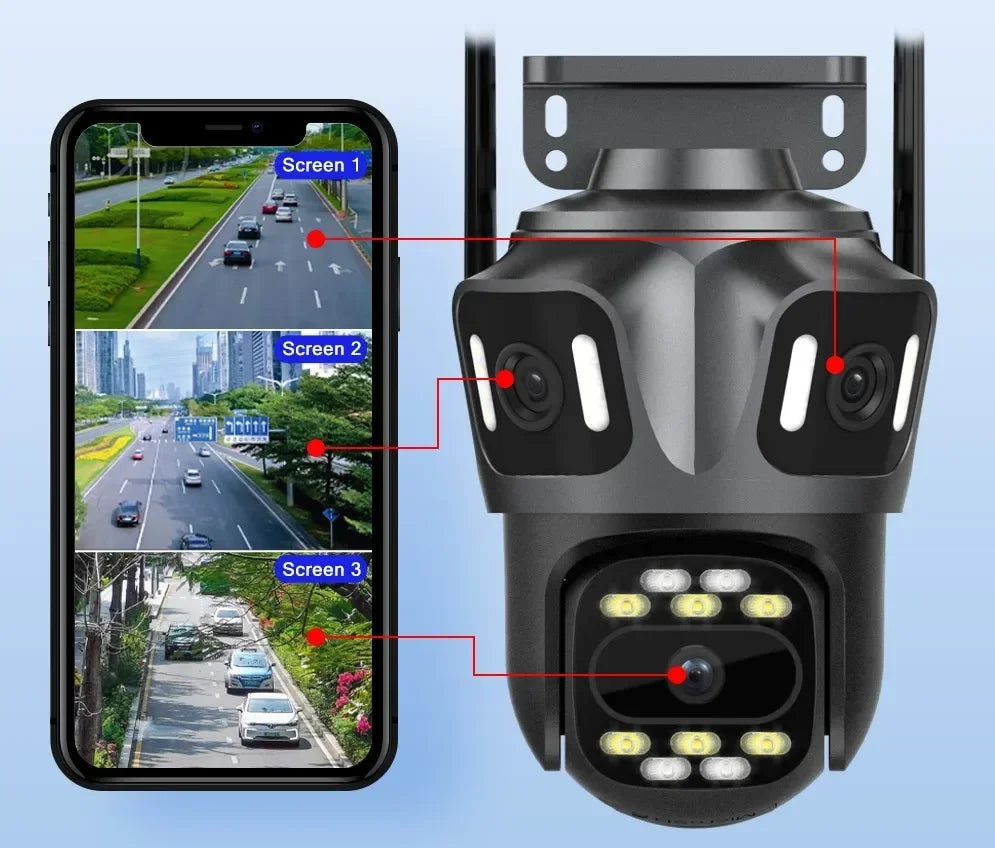 كاميرا مراقبة واي فاي ICSee ثلاث عدسات 12MP 6K مع ثلاث شاشات خارجية 360° للأمان الذكي في المنزل