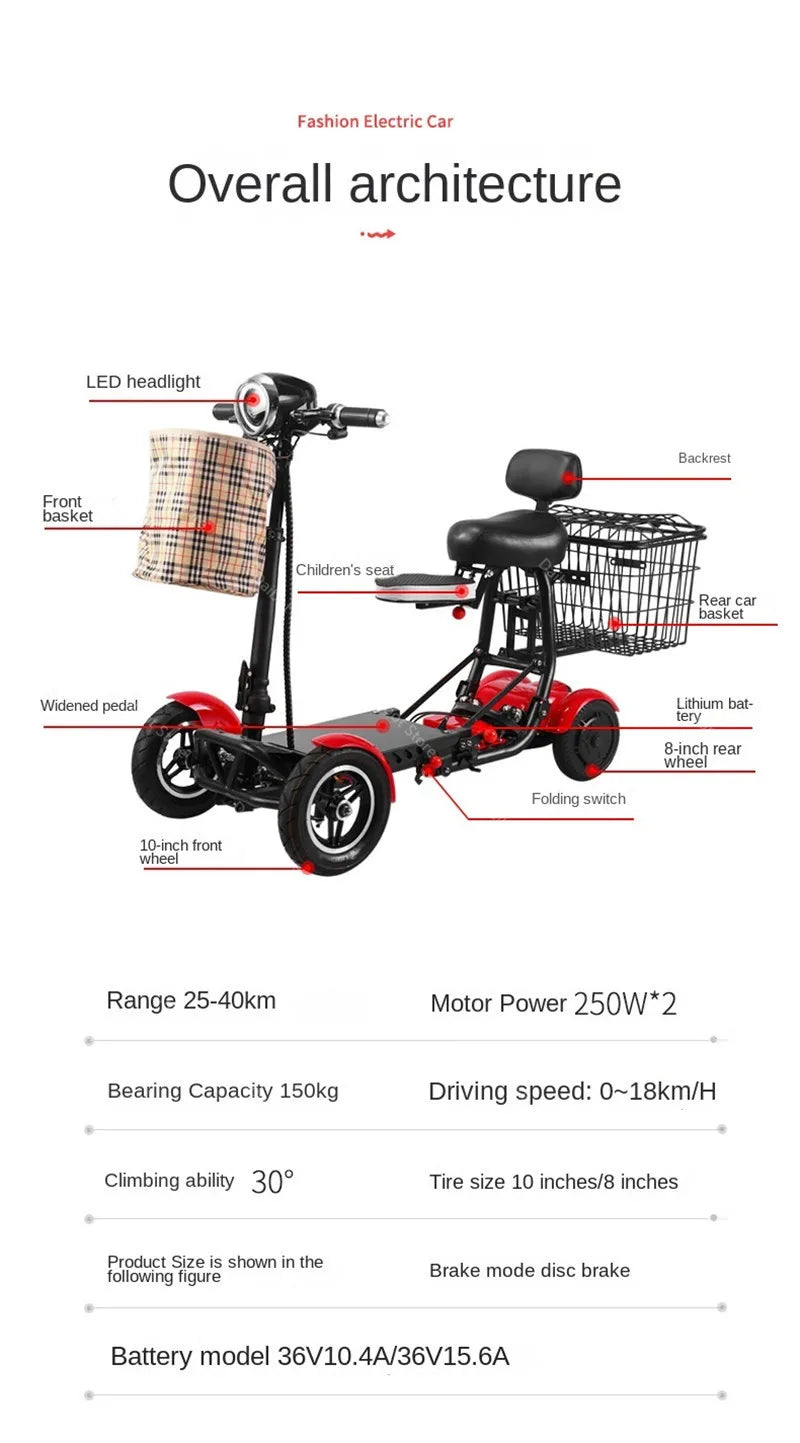 سكوتر كهربائي قابل للطي مزود بأربعة عجلات للمعاقين وكبار السن، خفيف الوزن 500 واط 36 فولت، 10 بوصات، جاهز للاستخدام في الطرق الوعرة، مع مقعدين.