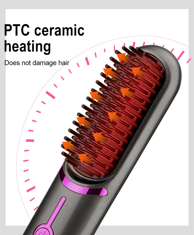 مشط فرد الشعر اللاسلكي بتقنية PTC وسيراميك، تسخين سريع، ومحمول، مع 3 مستويات، وفرشاة كهربائية للشعر بأيونات سلبية