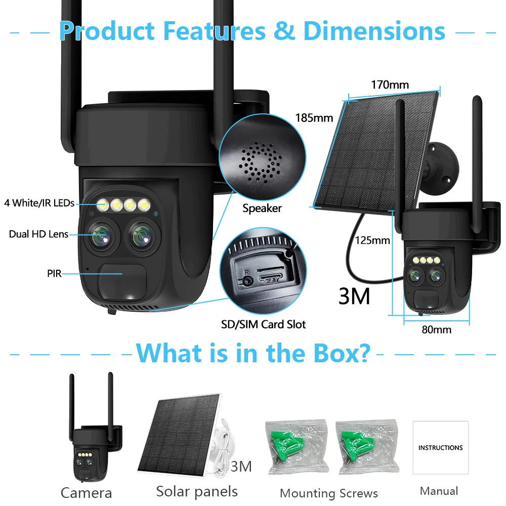 كاميرا مراقبة خارجية واي فاي PTZ شمسية بدقة 8 ميجابكسل مع عدستين مزدوجتين وزوم 10x تتبع تلقائي بتقنية 4K مع تطبيق O-Kam