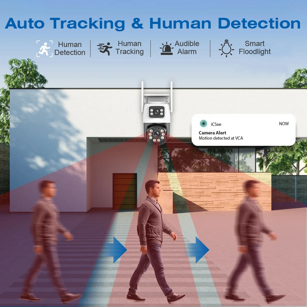كاميرا مراقبة واي فاي 4K بدقة 8 ميجابكسل، عدستين، زوم رقمي 4X، كشف بشري ذكي، ONVIF، كاميرات أمان خارجية PTZ