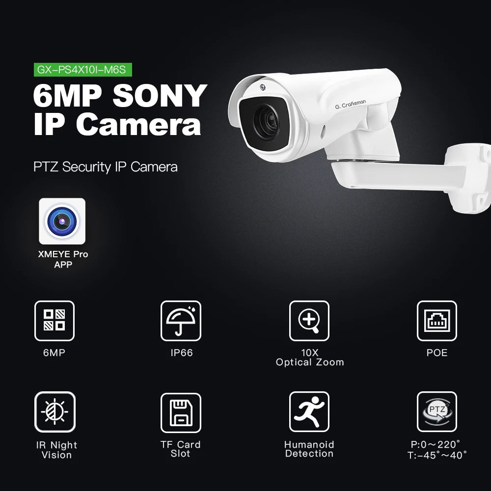 كاميرا IP PTZ XMEYE POE: زوم بصري 10X، مستشعر 6MP SO.NY ورؤية ليلية بالأشعة تحت الحمراء لمراقبة CCTV من G.Craftsman