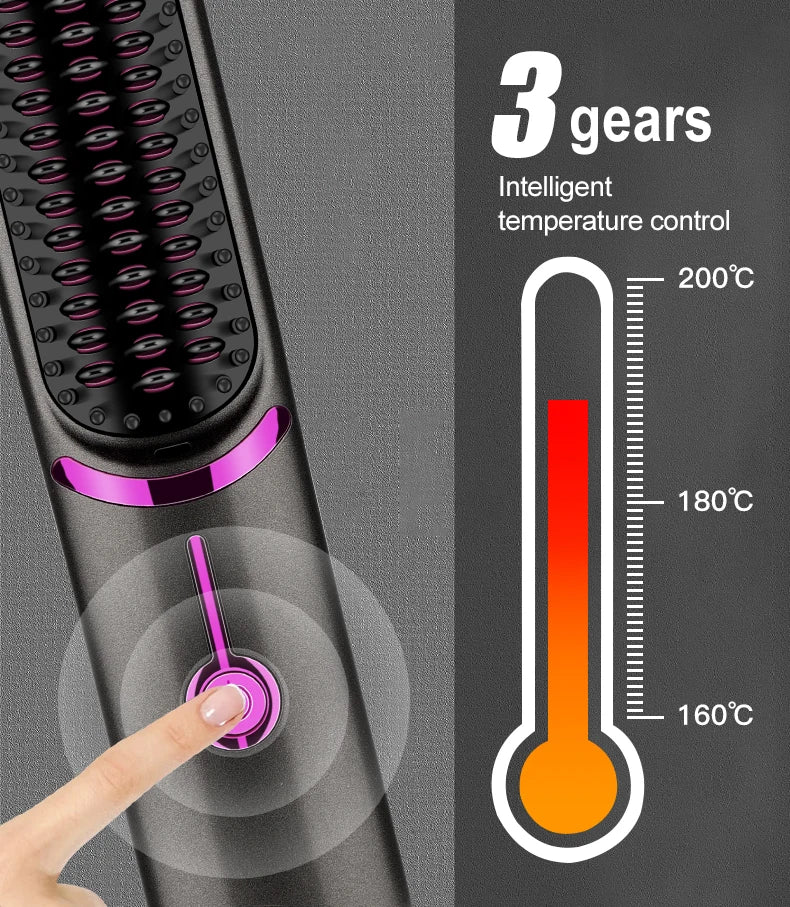 مشط فرد الشعر اللاسلكي بتقنية PTC وسيراميك، تسخين سريع، ومحمول، مع 3 مستويات، وفرشاة كهربائية للشعر بأيونات سلبية