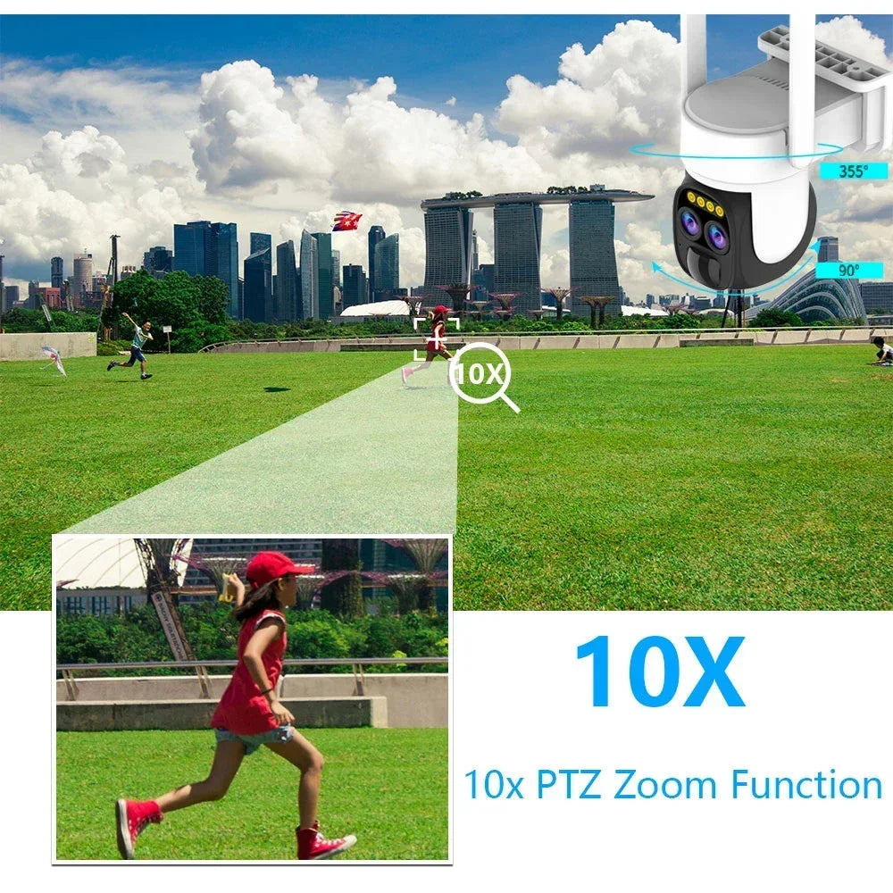 كاميرا IP شمسية بمعدل 8MP ودقة 4K مع عدستين مزدوجتين، PTZ Zoom 10X، تتبع بشري، مراقبة أمنية خارجية، كاميرات CCTV مع بطارية وPIR