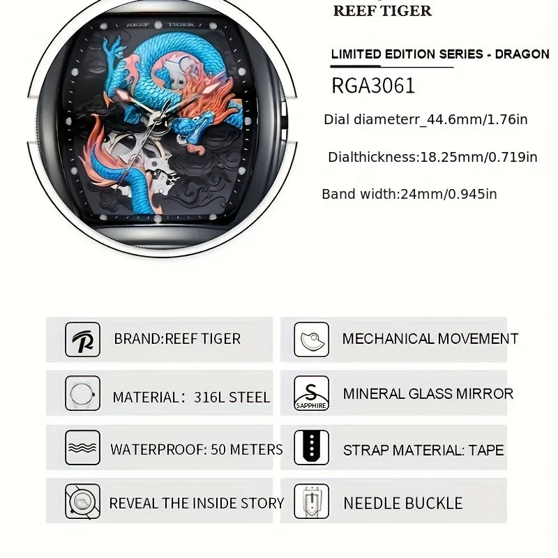 ساعة ميكانيكية أوتوماتيكية للرجال من ريف تايجر بتصميم هيكل دراجون مع قرص عرقلي فاخر ومضادة للماء