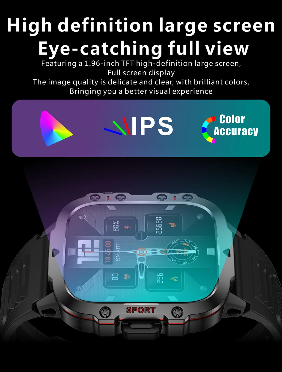 ساعة ذكية عسكرية متينة للرجال مع GPS ومقاومة للماء IP68 وشاشة 1.96 بوصة وميزة الاتصال عبر البلوتوث
