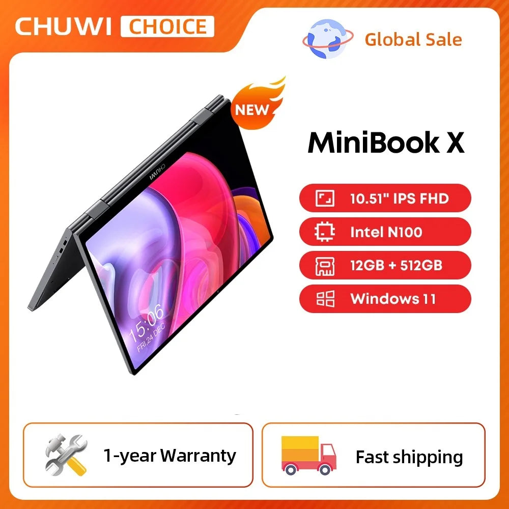 حاسوب محمول لوحي CHUWI MiniBook X 2 في 1 مع معالج Intel N100/N5100 وشاشة FHD IPS بحجم 10.51 بوصة وذاكرة 12GB LPDDR5 وتخزين 512G SSD ونظام Windows 11