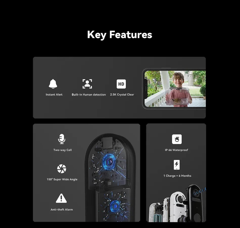 جرس باب IMILAB بدقة 2.5K مع تنبيه فوري وكشف بشري مدمج ومكالمة ثنائية الاتجاه وتصميم مضاد للسرقة بتقنية IP66 وتطبيق ذكي للمنزل