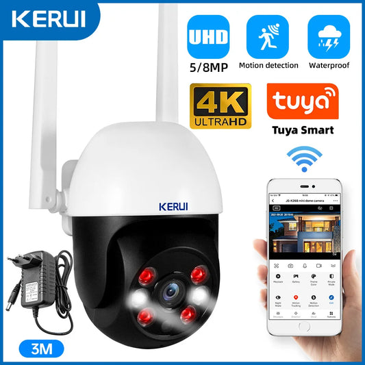 كاميرا مراقبة خارجية KERUI واي فاي 8MP UHD PTZ مقاومة للماء مع كابل 3 متر وتقنية تتبع الحركة الذكي