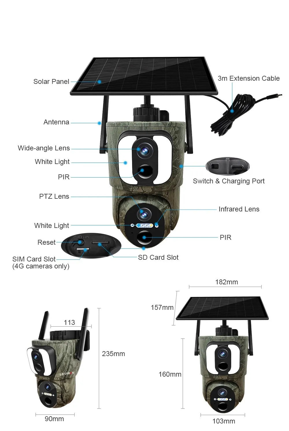 كاميرات المراقبة الشمسية اللاسلكية 4G من LS VISION بدقة 3K مع رؤية ليلية وكشف عن الحركة الحيوانات والبشر