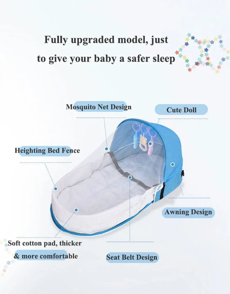 سرير أطفال محمول مع خيمة للحماية من البعوض - عش ناعم قابل للطي للأطفال الرضع
