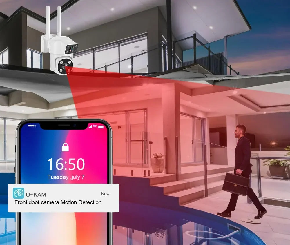 كاميرا مراقبة واي فاي 4K 8MP بتقنية PTZ مع عدستين خارجية مقاومة للماء مزودة بتقنية تتبع الكشف عن البشر ورؤية ليلية ملونة كاملة